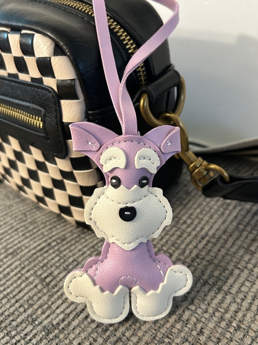 Schnauzer purse charm accessory NEW faux leather lavender & white dog accessory